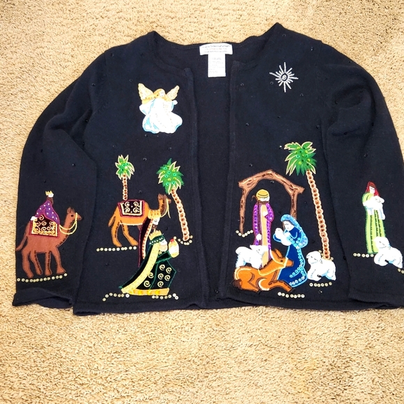 Vintage Sweaters Nativity Christmas Sweater Large Knit Embroidered